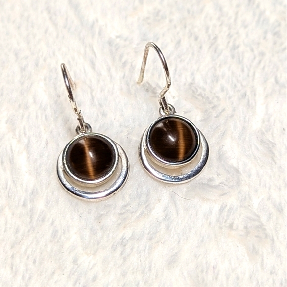 Vintage Sterling Silver and Tigers Eye Peite Pierced Earrings - Picture 3 of 7